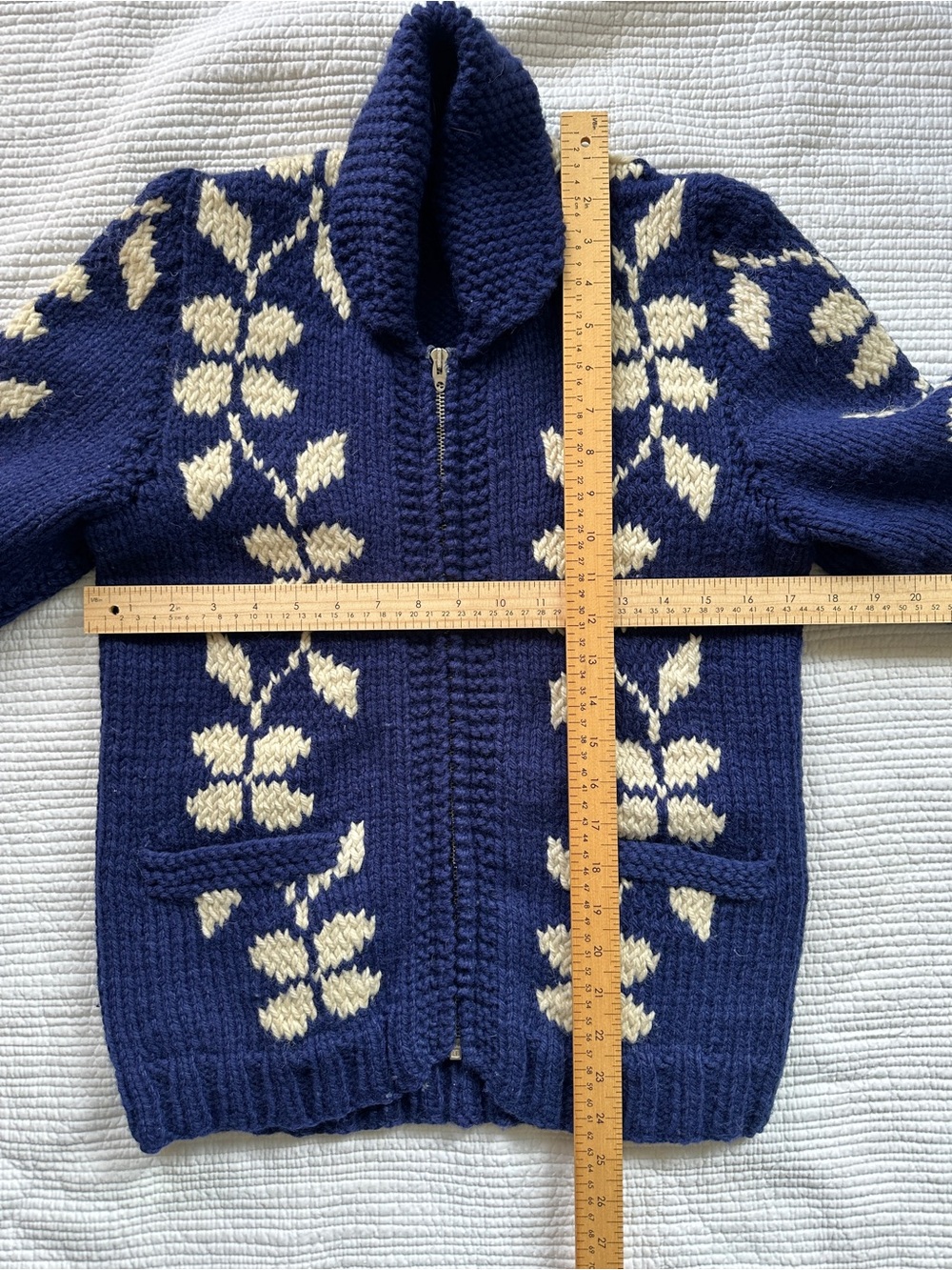 Vintage Navy Blue Floral Chunky Knit Zip-Front Women's Sweater Jacket Cardigan - Picture 9 of 10